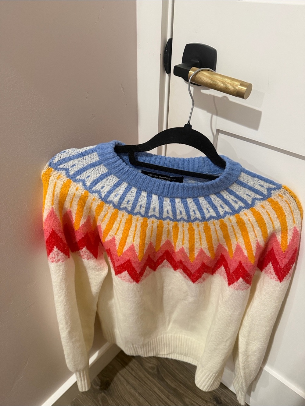French Connection Cream Multicolor Patterned Crewneck Sweater